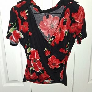 Floral Wrap Top - Black and Red